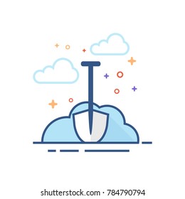 Snow and shovel icon in outlined flat color style. Vector illustration.