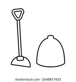 Snow shovel propped beside salt bag clean line scene Vector illustration