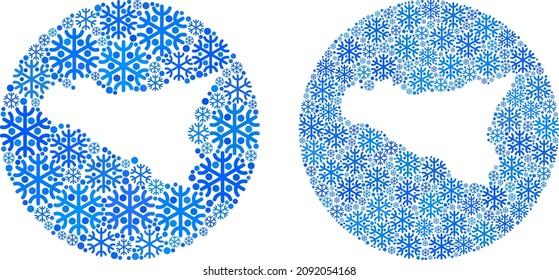 Snow Sicilia map collage is designed with circle and subtracted shape. Vector Sicilia map collage of snowflake ojects in variable sizes and blue color tints. Designed for winter posters.