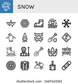 snow simple icons set. Contains such icons as Cool, Garlands, Snowflake, Snow boots, Peak, Penguin, Christmas tree, Shovel, Slippery road, can be used for web, mobile and logo