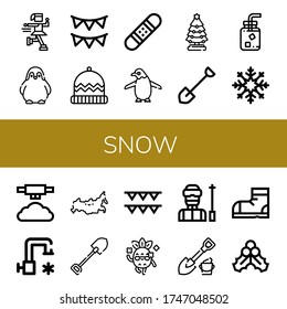 snow simple icons set. Contains such icons as Ice skate, Penguin, Garlands, Winter hat, Snowboard, Christmas tree, Shovel, Cold water, Snowflake, can be used for web, mobile and logo
