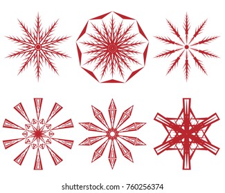 Snow. Six snowflakes from triangles. Red on white.