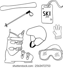 Conjunto de equipo de esquí de nieve dibujado a mano conjunto de esquema de arte de línea gráfica. Vector Con gafas, botas de esquí, guantes, bastones de esquí, casco de protección y fijaciones de snowboard.
