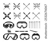 Snow ski poles icon set with snowboard. Mountain skier ski vector icon. ski glasses and crossed ski pole vector illustration. Vector set Silhouette of a skier in winter.