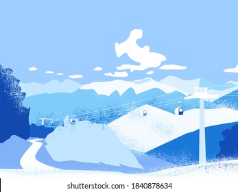 Schneeschuhwanderung. Winterlandschaft mit Sessellift zum Skifahren und Snowboarden. Saisonale Erholung mit Skilift.  Bearbeitbare Vektorgrafik