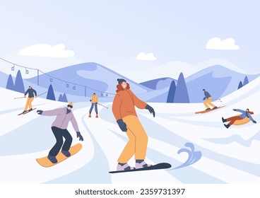 Snow ski resort. Snowboard family holidays, sport friends skiing and snowboarding. Winter outdoor activities, christmas travel kicky vector scene