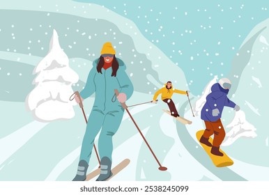 Snow ski resort. Snowboard family holidays, sport friends skiing and snowboarding. Winter outdoor activities, christmas travel kicky vector scene Colored flat hand drawn vector illustration.