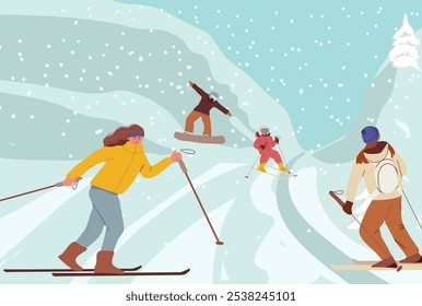 Snow ski resort. Snowboard family holidays, sport friends skiing and snowboarding. Winter outdoor activities, christmas travel kicky vector scene Colored flat hand drawn vector illustration.