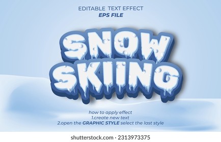 efecto de texto de esquí de nieve, fuente editable, tipografía, texto 3d. plantilla de vector