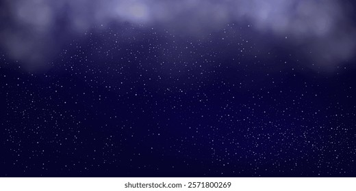 Snow sky background with snowflakes and clouds. Night galaxy starry backdrop. Dark sky with clouds and snow. Abstract vector illustration.