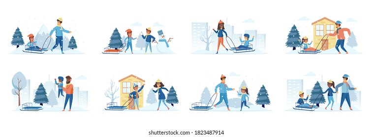 Snow sledding activities bundle of scenes with people characters. Parents with kids sledding slide outdoors at snowfall conceptual situations. Wintertime holidays vacation cartoon vector illustration.