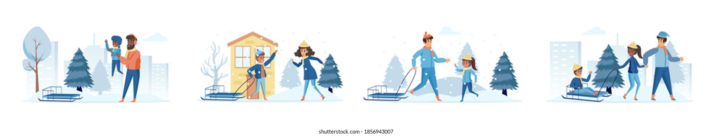 Snow sledding activities bundle of scenes with people characters. Parents with kids sledding slide outdoors at snowfall conceptual situations. Wintertime holidays vacation cartoon vector illustration.