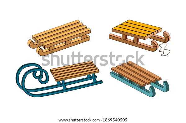 Snow sledge set. Wooden sleigh for children\
collection. Winter vector sled. Seasonal cartoon icon, symbol\
design. Classic child old wood transport vehicle illustration\
isolated on white\
background.