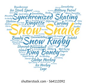 Snow snake. Word cloud, heart, italic font, white background. Love of sport.