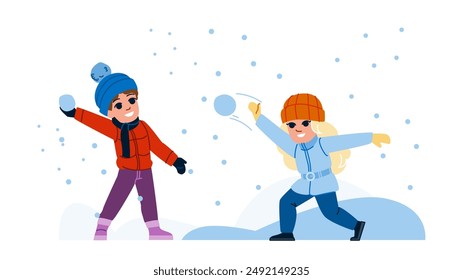snow snowball fight kid  vector.  winter snowman, fun holiday, christmas child snow snowball fight kid character. people flat cartoon illustration