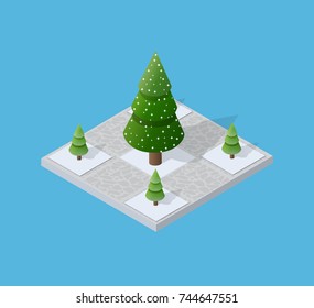 Snow snowbound winter Christmas trees, parks and bushes of urban infrastructure for building an isometric city