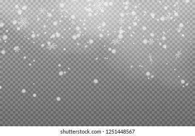 Snow with snowdrifts isolated on transparent background. White cold snow flakes falling.  Vector christmas snowfall, snowflakes flying in winter air. Vector Illustration