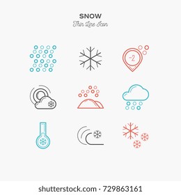 snow, snowflake, frost and more, thin line color icons set, vector illustration