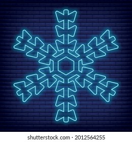 Snow snowflake icon glow neon style, concept weather condition outline flat vector illustration, isolated on black. Brick background, web climate label stuff.