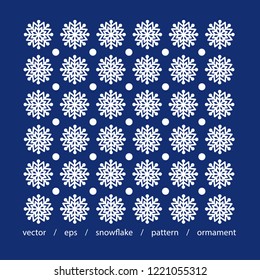 Snow. Snowflake. Vector snowflake ornament. Pattern abstract. Design background for card, web, print, wallpaper, textile, boxing, paper. Christmas, New year, holiday winter ornament. Winter holiday.