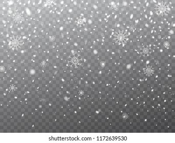 Snow and snowflakes background. Realistic falling snow and snowflakes. Frost storm, snowfall effect. Christmas background with snowflakes on transparent background. Vector illustration