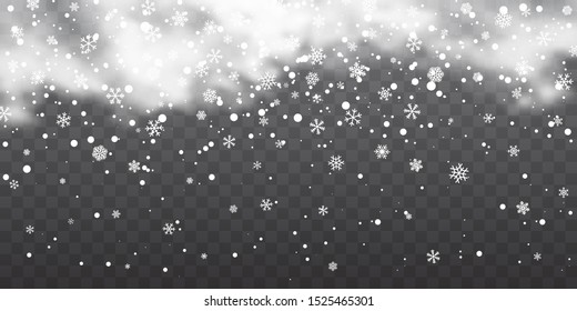 Snow with snowflakes and clouds on transparent background. Falling snow effect. Christmas snow. Snowfall. Vector illustration.