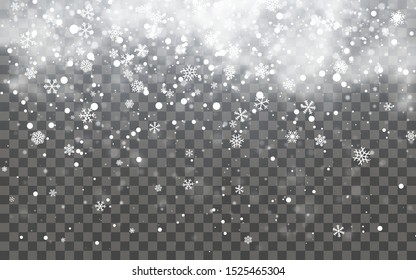 Neve com flocos de neve e nuvens em fundo transparente. Efeito de neve caindo. Neve de natal. Queda de neve. Ilustração vetorial.