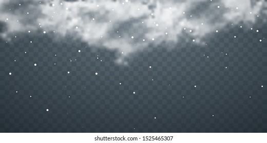 Snow with snowflakes and clouds on transparent background. Falling snow effect. Christmas snow. Snowfall. Vector illustration.