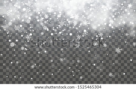 Snow with snowflakes and clouds on transparent background. Falling snow effect. Christmas snow. Snowfall. Vector illustration.