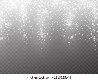 Snow and snowflakes falling on transparent background. Bright magic Christmas design. Winter backdrop with realistic snow. Frost storm, snowfall effect. Vector illustration.