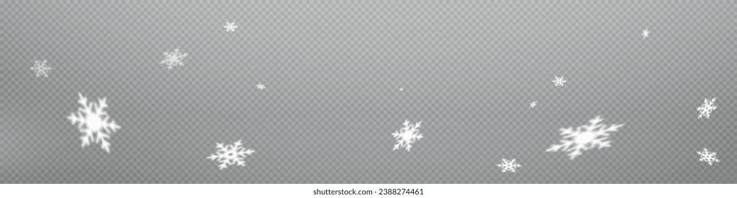 Snow and snowflakes on transparent background. Winter snowfall effect of falling white snow flakes and shining, New Year snowstorm or blizzard realistic backdrop. Christmas or Xmas holidays.