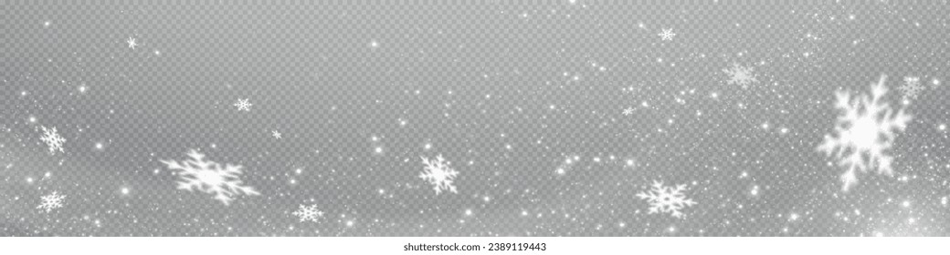 Snow and snowflakes on transparent background. Winter snowfall effect of falling white snow flakes and shining, New Year snowstorm or blizzard realistic backdrop. Christmas or Xmas holidays.