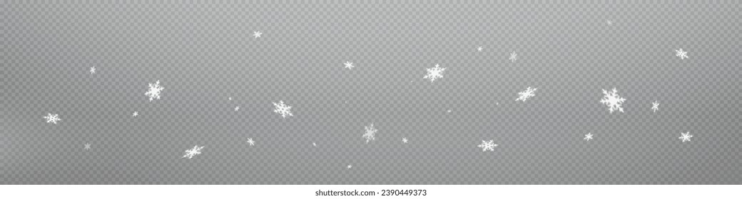 Snow and snowflakes on transparent background. Winter snowfall effect of falling white snow flakes and shining, New Year snowstorm or blizzard realistic backdrop. Christmas or Xmas holidays.