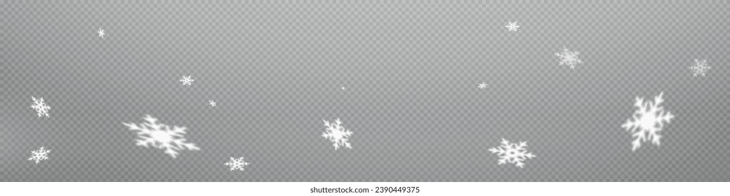 Snow and snowflakes on transparent background. Winter snowfall effect of falling white snow flakes and shining, New Year snowstorm or blizzard realistic backdrop. Christmas or Xmas holidays.