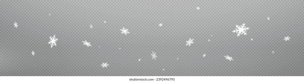 Snow and snowflakes on transparent background. Winter snowfall effect of falling white snow flakes and shining, New Year snowstorm or blizzard realistic backdrop. Christmas or Xmas holidays.	