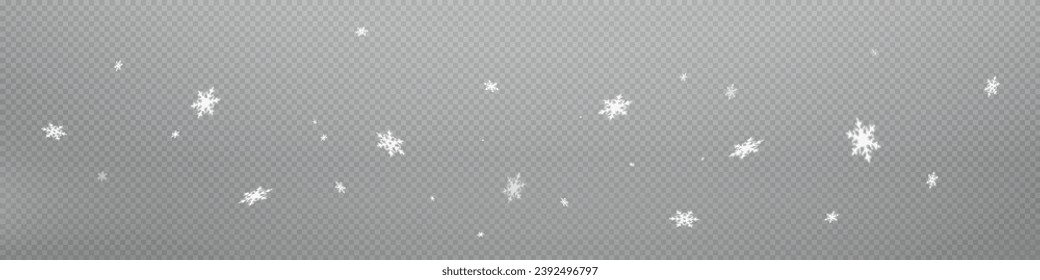 Nieve y copos de nieve sobre fondo transparente. Efecto de nevada invernal de caída de copos de nieve blancos y brillantes, tormenta de nieve de Año Nuevo o telón de fondo realista ventilado. Navidad o Navidad.	