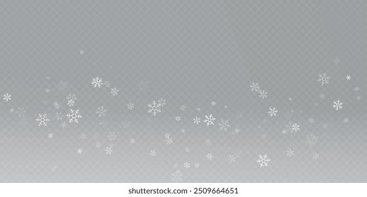 Snow and snowflakes on transparent background. Winter snowfall effect of falling white snow flakes and shining, New Year snowstorm or blizzard realistic backdrop. Christmas or Xmas holidays.