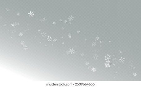Snow and snowflakes on transparent background. Winter snowfall effect of falling white snow flakes and shining, New Year snowstorm or blizzard realistic backdrop. Christmas or Xmas holidays.