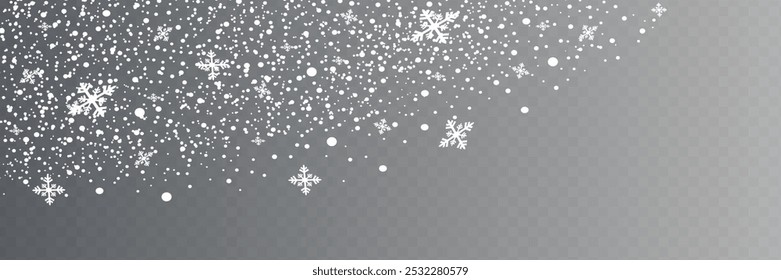 Snow and snowflakes on transparent background. Winter snowfall effect of falling white snow flakes and shining, New Year snowstorm or blizzard realistic backdrop. Christmas or Xmas holidays.