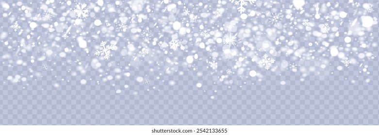 Nieve y copos de nieve sobre fondo transparente. Efecto de nevada invernal de caída de copos de nieve blancos y brillante, tormenta de nieve de año Nuevo o telón de fondo realista de ventisca. Navidades o vacaciones de Navidad.