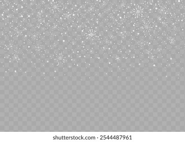 Snow and snowflakes on transparent background. Winter snowfall effect of falling white snow flakes and shining, New Year snowstorm or blizzard realistic backdrop. Christmas or Xmas holidays.