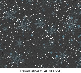 Snow and snowflakes on transparent background. Winter snowfall effect of falling white Snowflakes and shining, New Year snowstorm or blizzard realistic backdrop. Christmas or Xmas holidays.