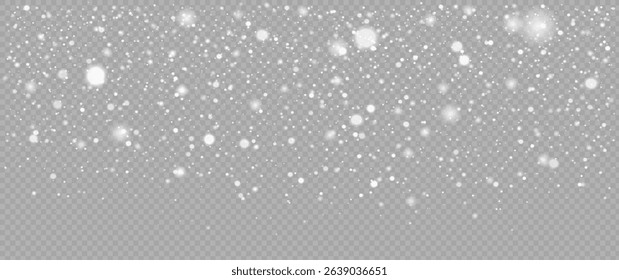 Snow and snowflakes on transparent background. Winter snowfall effect of falling white snow flakes and shining, New Year snowstorm or blizzard realistic backdrop. Christmas or Xmas holidays.