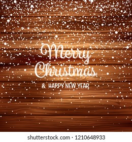 Snow with snowflakes on wood. Winter background for Christmas or New Year holidays. Falling snow effect. Frost storm, snowfall, ice.