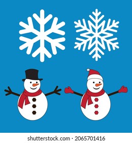 Vectores de nieve y de nieve en el fondo, dos hombres de nieve blancos con sombreros negros y rojos, ambos usaban bufandas rojas.