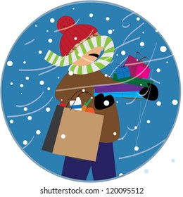 snow, snowy day, people in trouble, person carrying packages during winter wind and snow
