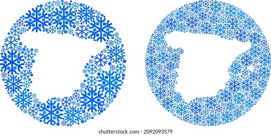 Snow Spain map mosaic created with circle and subtracted space. Vector Spain map mosaic of snow particles in different sizes and blue color tinges. Designed for Christmas projects.