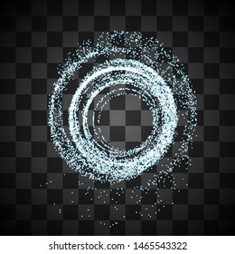 Snow sparkling glitter shine trail. Abstract light blue particles vortex. Vector glittering twirl on transparent background
