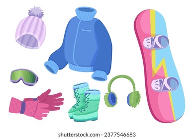 Juego de iconos vectoriales de deportes de nieve y de ropa deportiva. Snowboard, botas de esquí, chaqueta, guantes, sombrero, calentador de oídos, gafas. Invierno, actividad deportiva, concepto de equipamiento