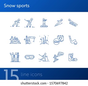 Snow sports thin line icon set. People making snowman, biathlon, ski goggles sign pack. Winter sports concept. Vector illustration symbol elements for web design and apps